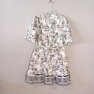Joie Floral Puff Sleeve Shirt midi belt Dress black & white size 12